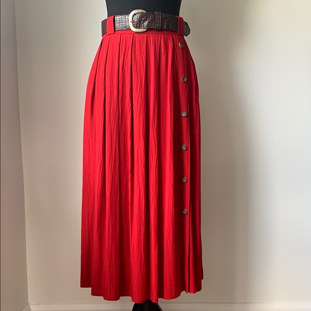 Vintage Steilmann Red Pleated Midi Skirt with Dark Brown Belt - Size 14